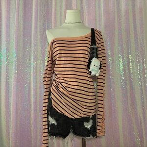 pink and purple striped long sleeve off the shoulder lace top